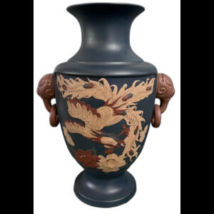 Large Chinese Yixing Zisha Clay Vase Dragons & Phoenix Blue Matte Carved Pottery
